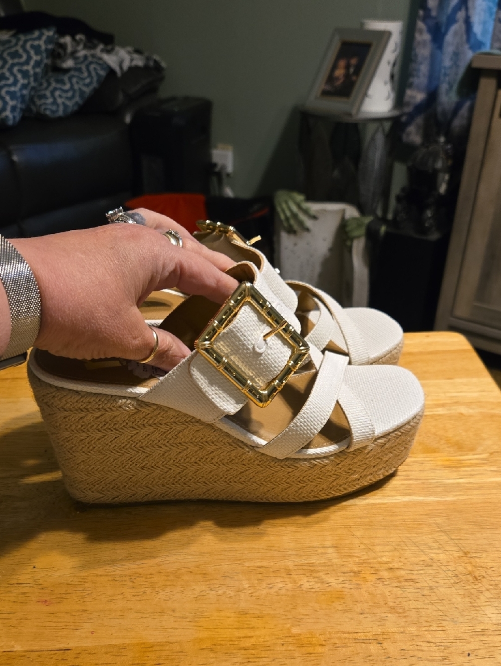 Report Ivory Wedge Espadrille Sandal with Gold Buckle
